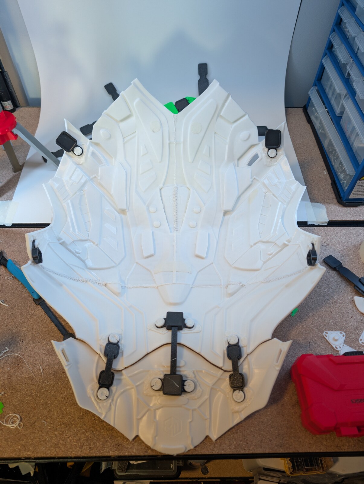 Current interior of the white printed torso with visible black straps and installed mounting points.