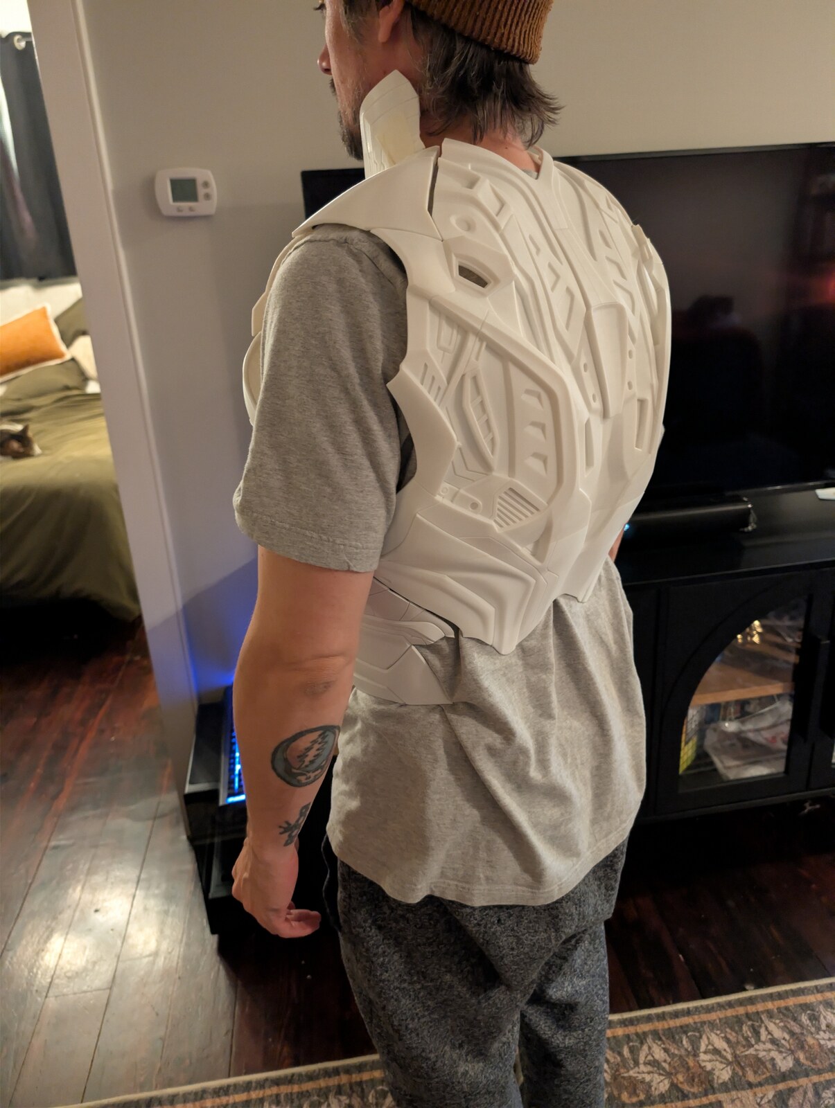 Dylan wearing the white printed torso armour during the initial four-strap setup trial.